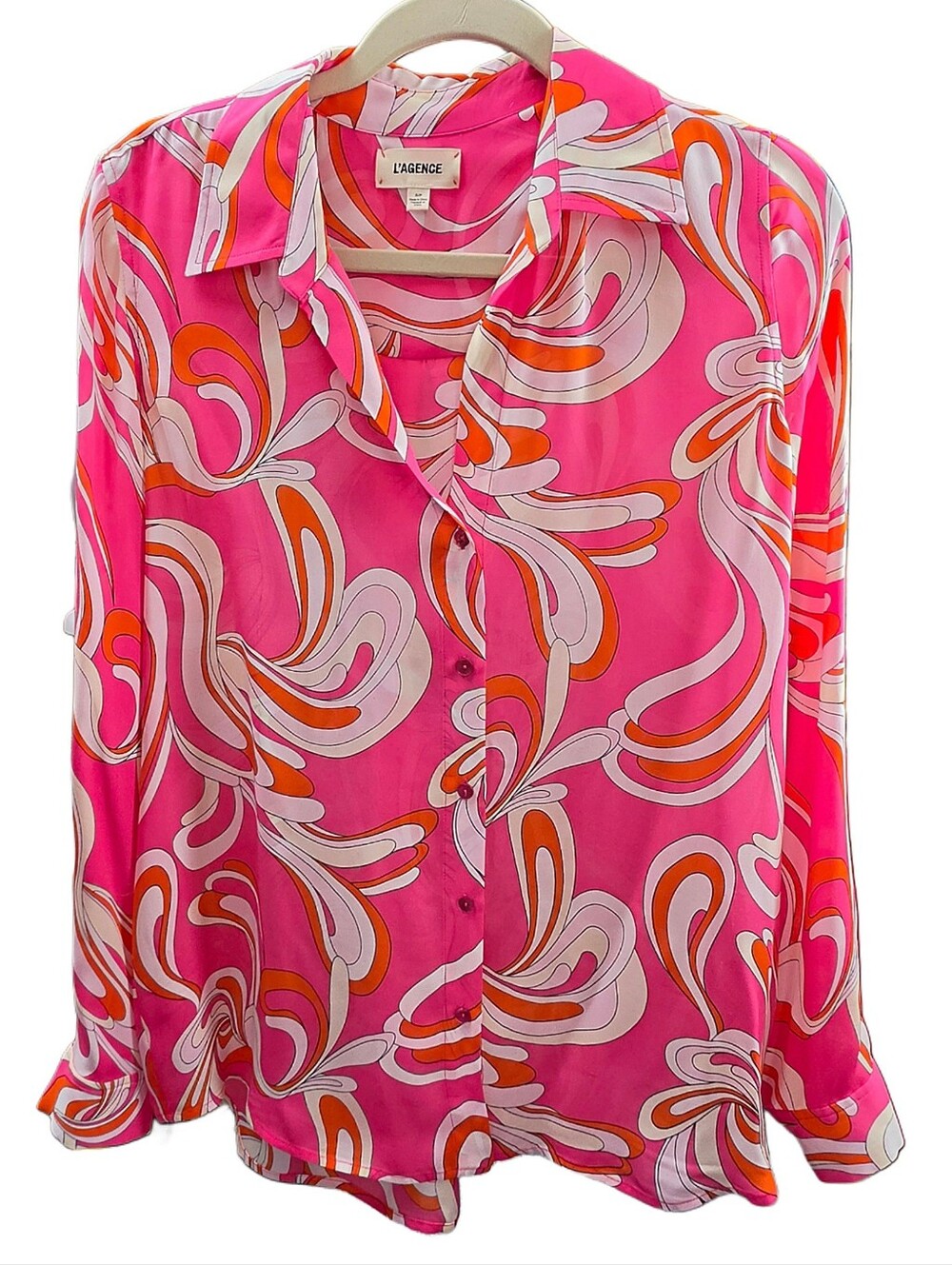 L'AGENCE Nina Long Sleeve Blouse In Orange & Rose Abstract Swirl - Picture 3 of 13